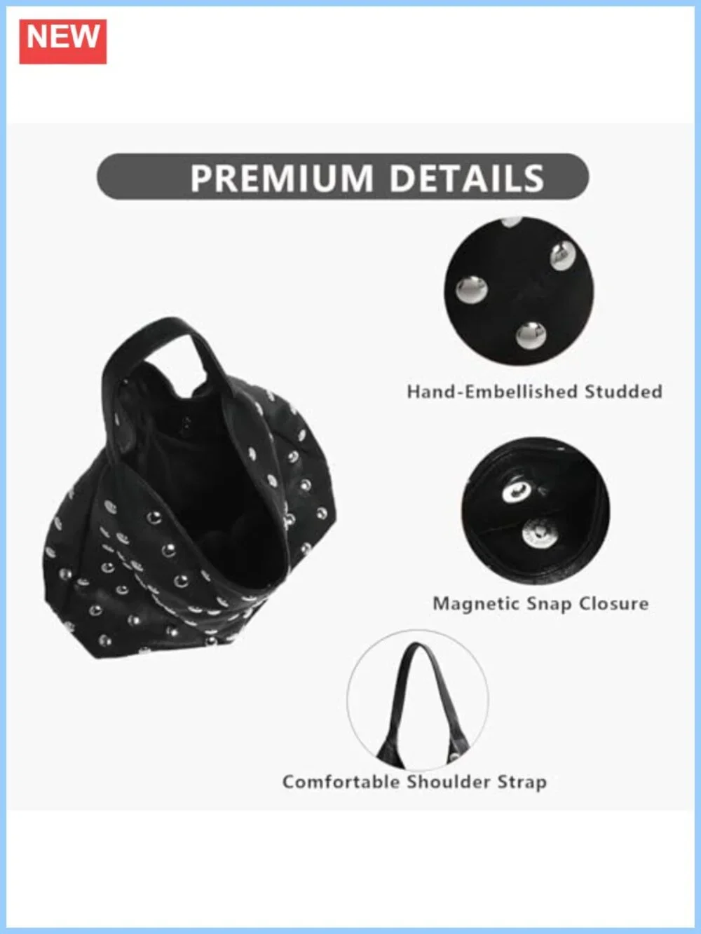 Vegan Leather Studded Hobo Tote Bag Hand-Embellished Slouchy Purse